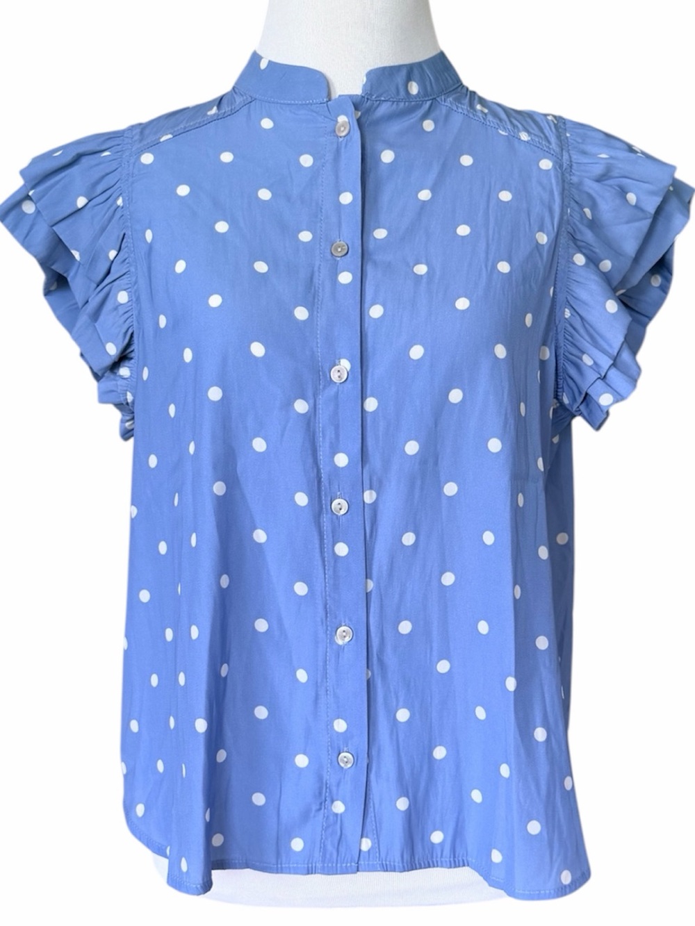 ROSE + OLIVE Blue Polkadot Ruffle Sleeve Top